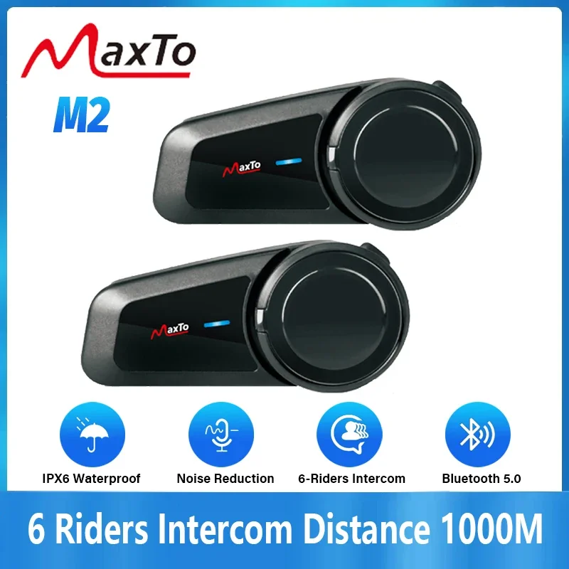 2PCS Maxto M2 Motorcycle Helmet Bluetooth Headset Intercom 6 Riders 1000M Intercom Support FM MP3 Waterproof IP67