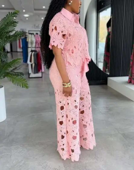 Two Piece Set Women Outfit 2025 Spring New Elegant Hollow Lace Turn-Down Collar Short Sleeve Shirt & Casual Wide Leg Pants Set