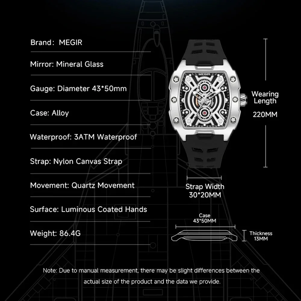 MEGIR 2024 Fashion Luxury Mens Luminous  Analog Quartz Watches Barrel Shape Waterproof Wrist Watch for Men Silicone Strap