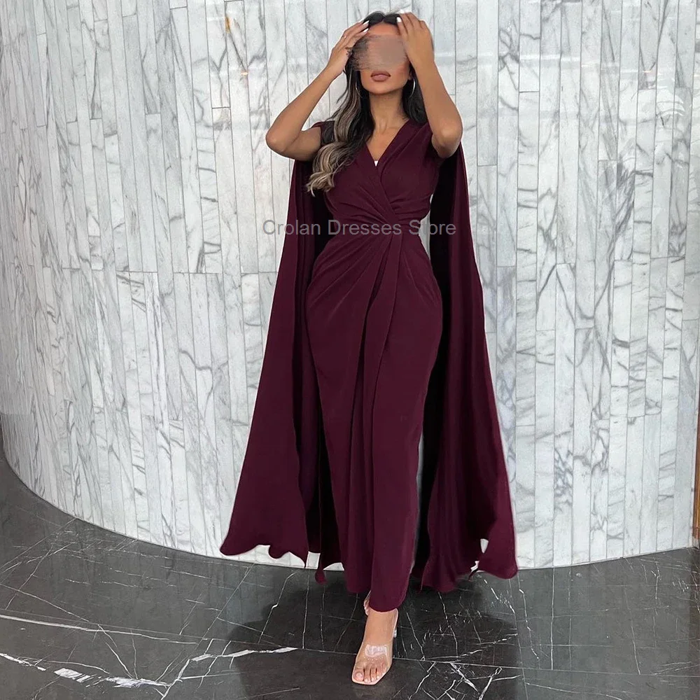 

Burgundy Watteau Train Pleats Jersey Evening Dress for Woman Saudi Arabia Elegant V-Neck Sheath Party Prom Gowns Custom Made