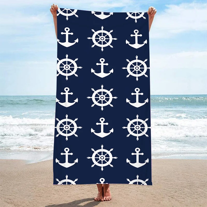 Beach Towel Sailing Wheel And Anchor Pattern Sun Protection Windproof Suitable For Swimming Pool Camping Travel Blanket