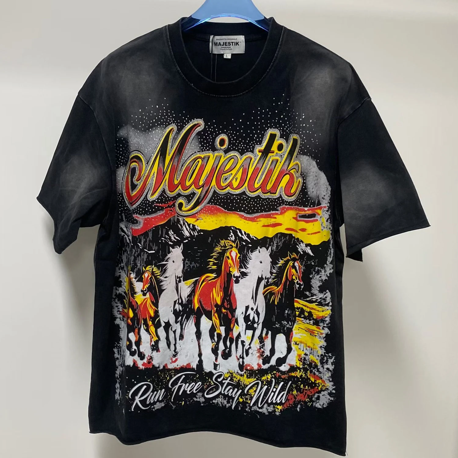 Majestik Rhine Stone Run Free Stay Wild Live Free OR DE HARD Horse Print T-Shirt Men Women Rhinestone Oversized Top T Shirt Tee