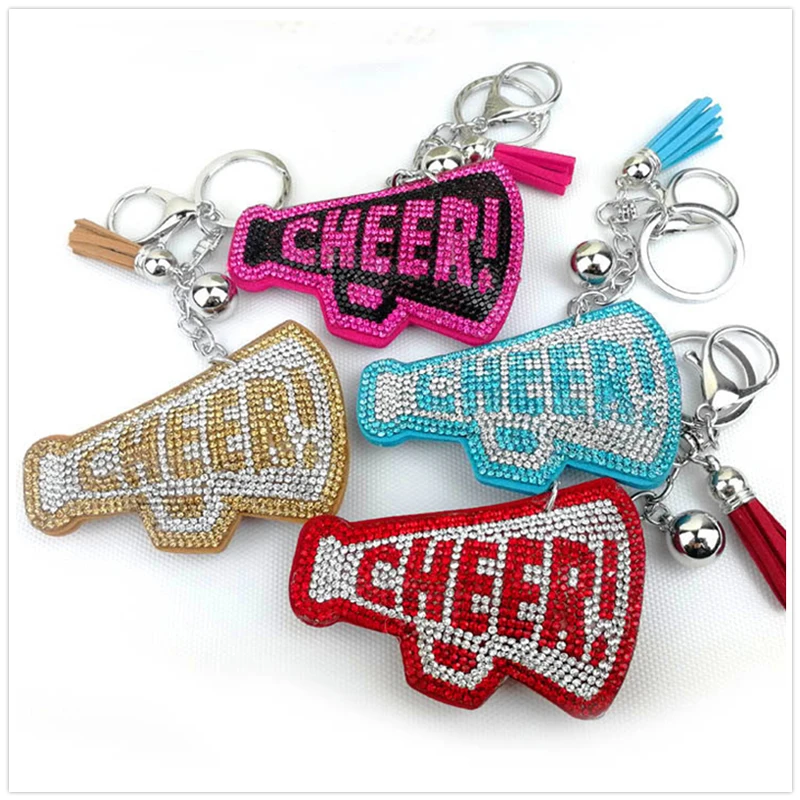 New Full Crystal Word CHEER Keychain Leather Tassel Key Holders Rhinestone Key Rings For Women Bag Car Pendant Charms Gift