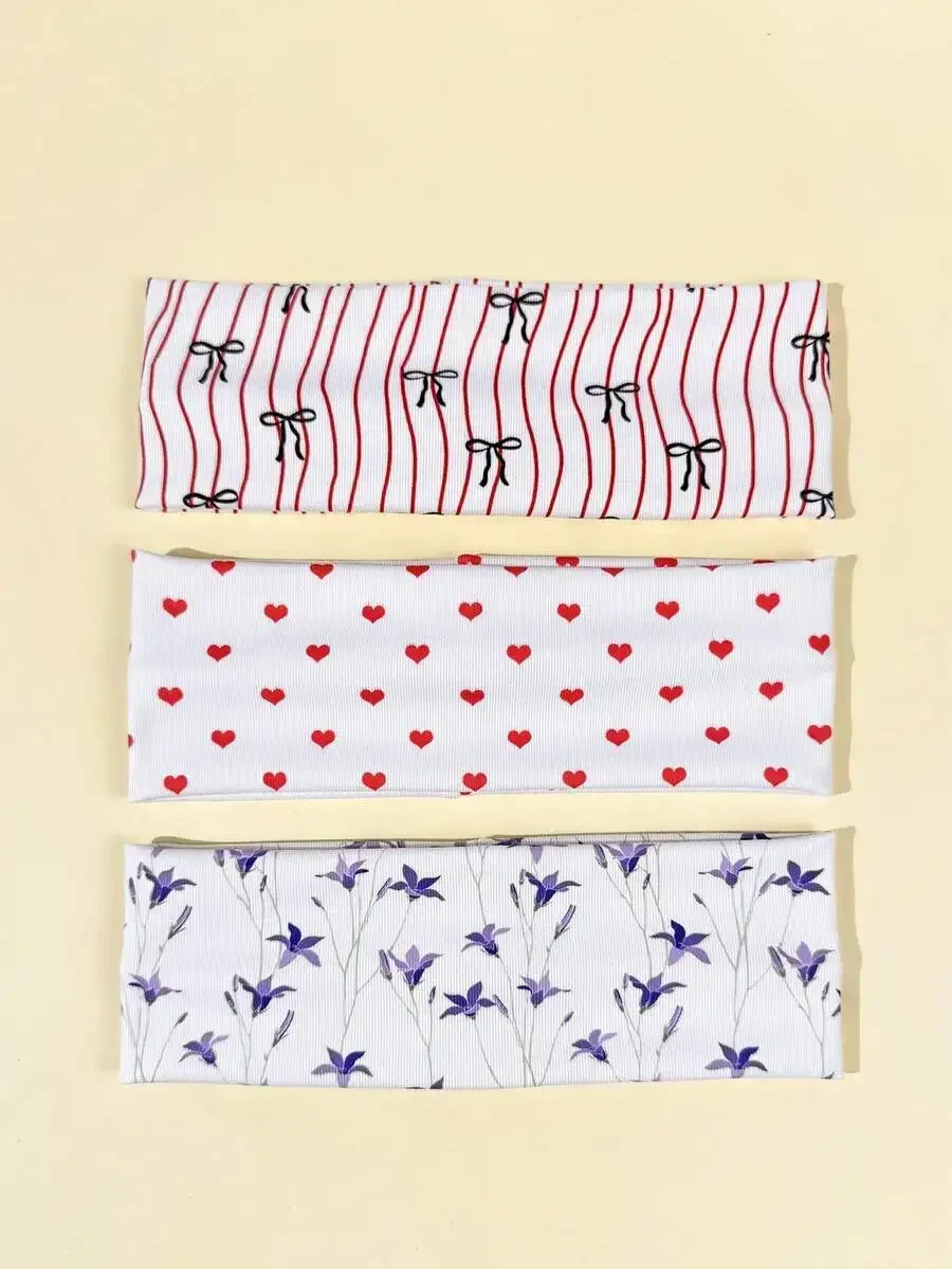

3pcs Women Fashion Hair Bands With Bow Heart Floral Patterns Elastic Headbands For Daily Casual Wear