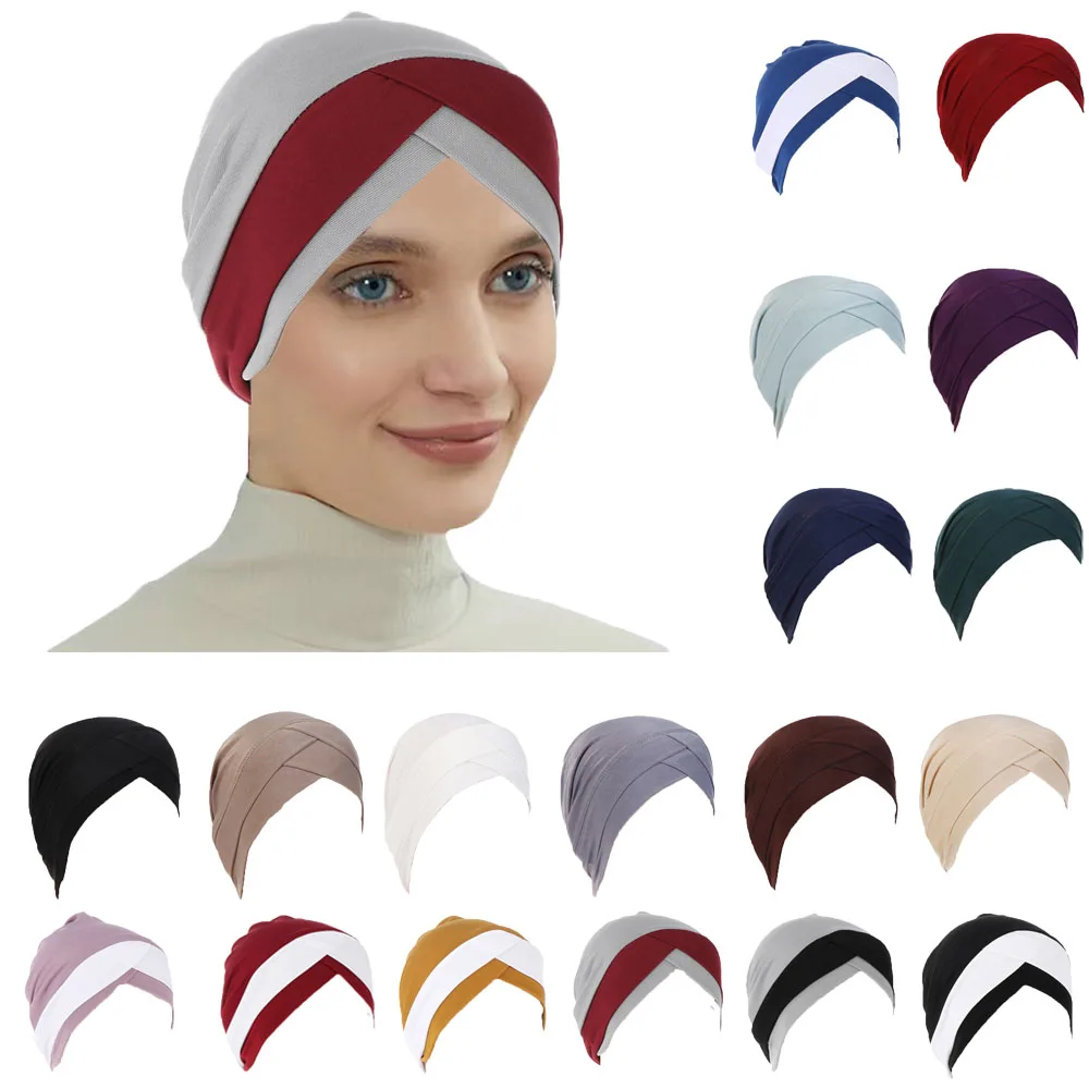 

Women Elastic Turban Inner Hat Cross Head Wrap Hijab Cap Solid Color Soft Headscarf Underscarf Beanie Headcover Hair Accessories