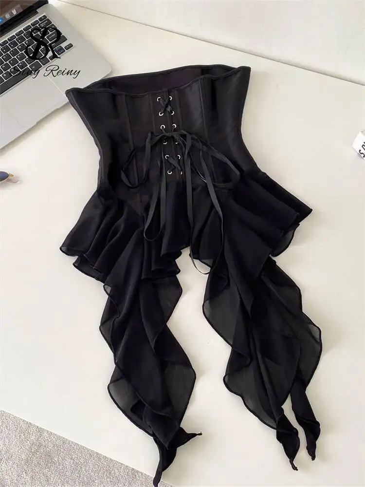 Sexy Strapless Corset Camisole Summer Female Ins Lace Up Slim Flirty Clubwear Top Ruffle Senior Party Bodycon Tank Top