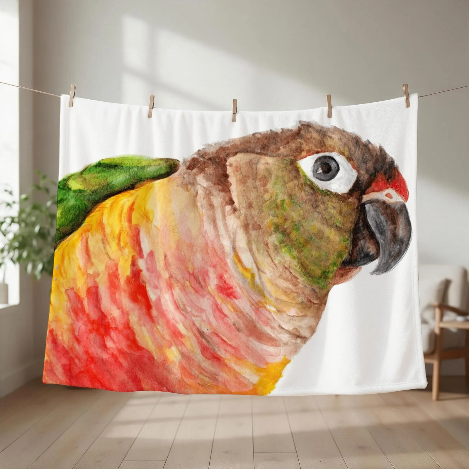Green-cheeked Conure - Watercolor Art Red Yellow Green Throw Blanket couch cozy soft plush fuzzy picnic outdoor blanket
