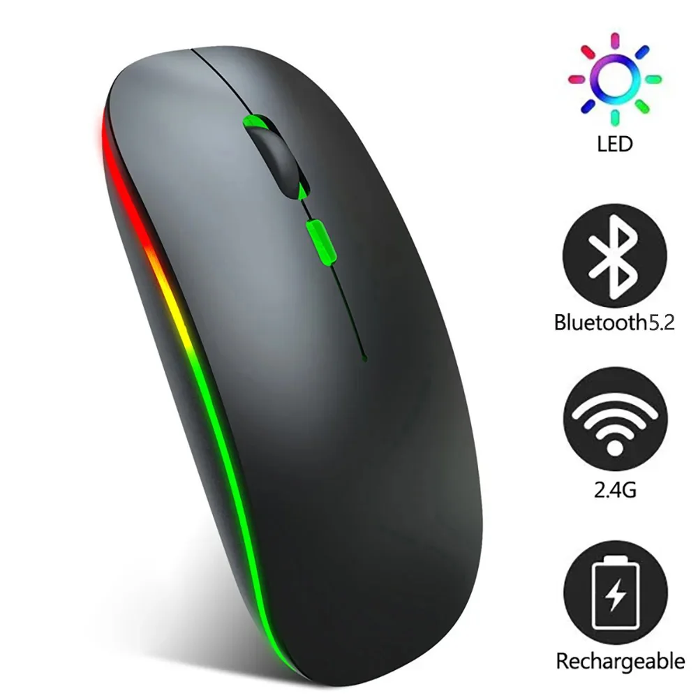 Rato sem fio bluetooth com luz de fundo rgb recarregável mause para computador portátil pc macbook ergonômico usb gaming mouse gamer