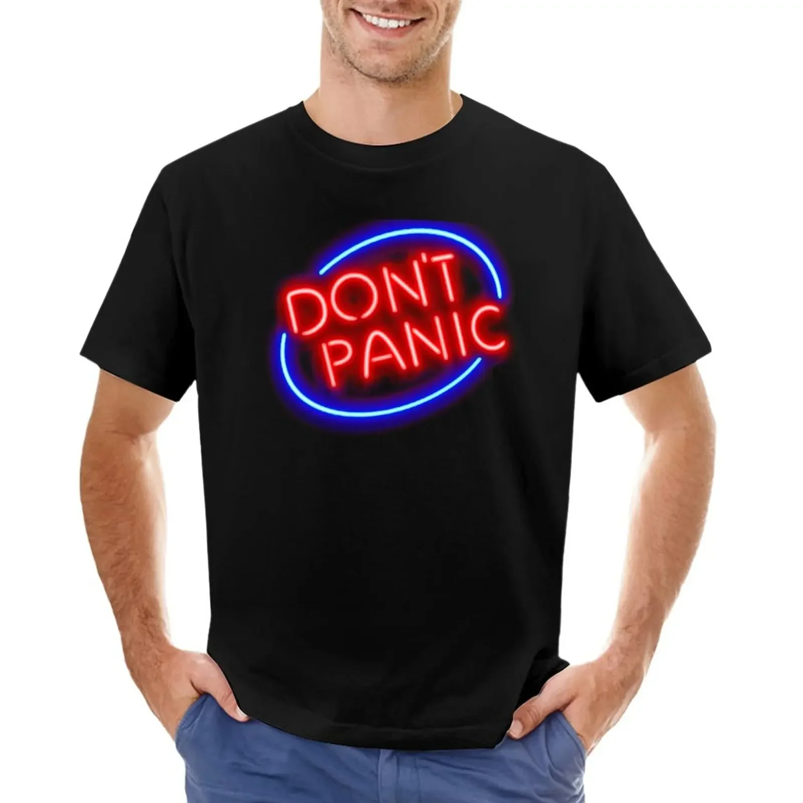 

Hitchhiker's Guide - Don't Panic Neon Sign T-Shirt vintage clothes tops quick-drying for a boy plain t shirts men