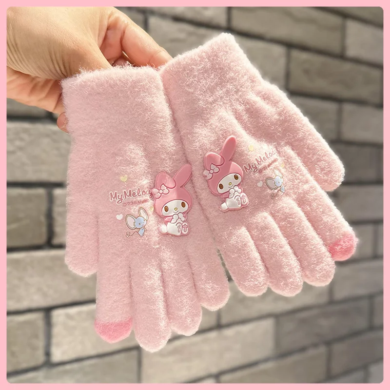 Kawaii Sanrio Gloves Kuromi My Melody Cold-Proof Winter Finger Gloves Plush Screen Touch Warm Children Toddler Christmas Gifts