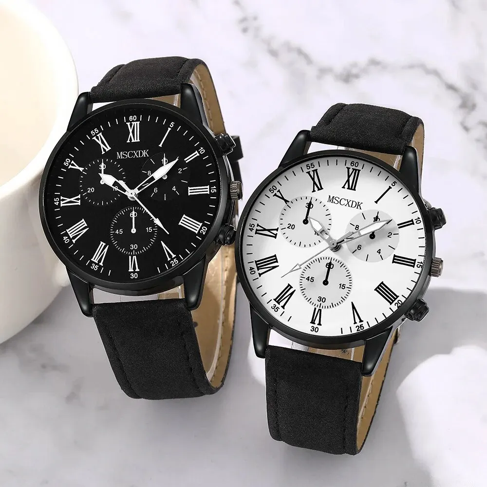 MSCXDK marca de 2 piezas conjunto de pareja de moda casual de cuero relojes de pulsera de cuarzo con esfera simple para mujer