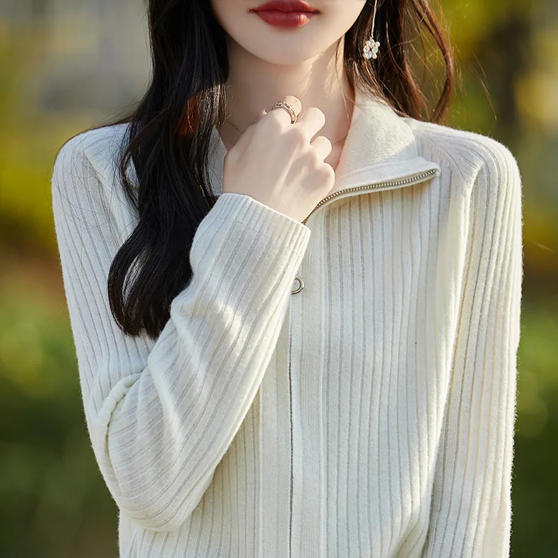 Sweter ze 100% wełny australijskiej, damski kardigan z dzianiny, kurtka z klapami, modny krótki styl, damski nowy sweter z pełnym rękawem