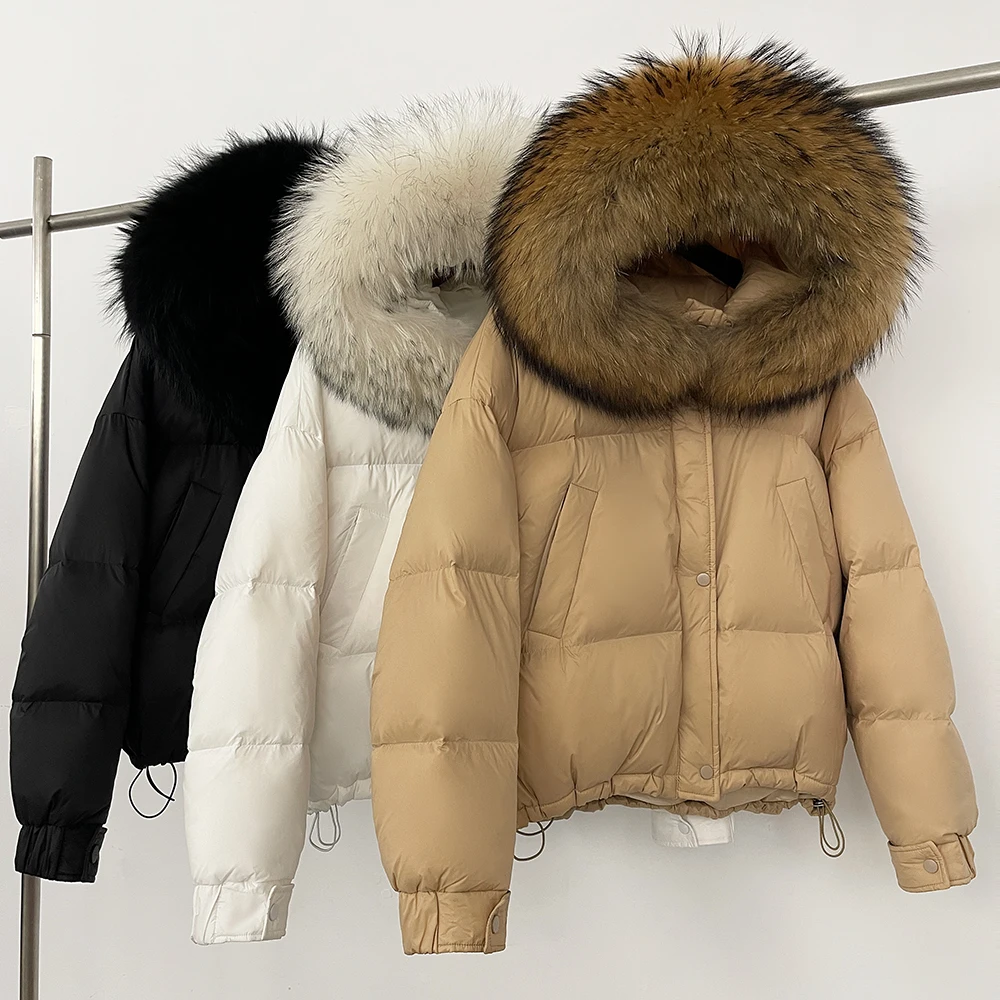 OFTBUY Piumino d'anatra bianco Cappotto da donna in vera pelliccia Cappotto invernale imbottito con cappuccio Nuova pelliccia di procione Autunno Parka femminile Pelliccia di volpe calda