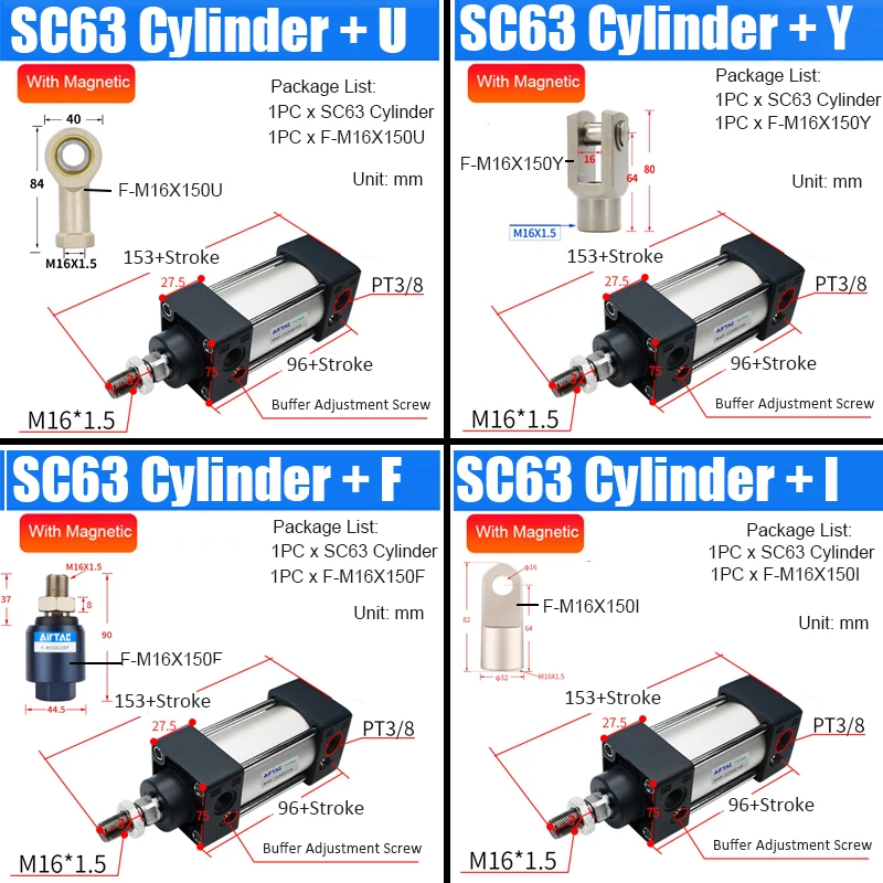 SC63X1000 Pneumatikzylinder 100-1000mm Hub Doppeltwirkender Luftzylinder für Verpackungsmaschinen, kundenspezifischer Hub verfügbar – Detail 2