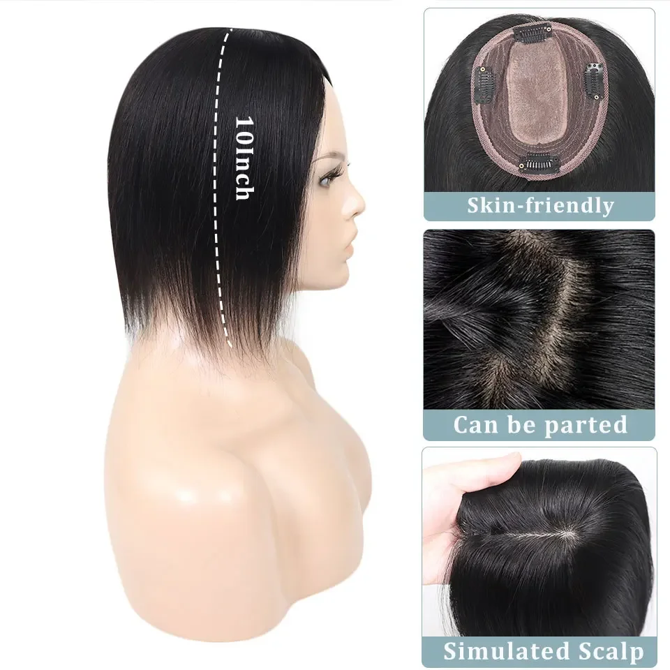 Tupés de cabello humano con cuero cabelludo invisible, 10 pulgadas, para mujer, con clips para cabello fino 3
