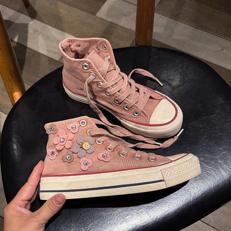 

New Women's High-top With Flowers Canvas Sneakers Lace-up Comfortable Shoes Fashion Outdoor Multi-functional Sports Canvas Shoes