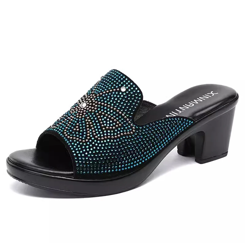 Women\'s Slippers Summer New Open Toe Women Shoes High-heeled Non-slip Genuine Leather Bling Slides Sandals Women