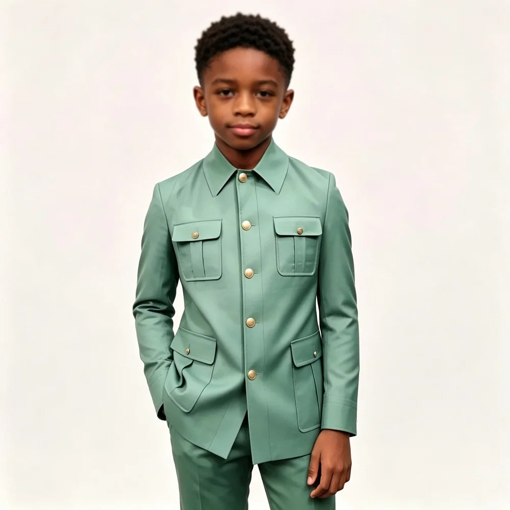 Boys Single Breasted Safari Suit 2 Pieces Slim Fit Kids Gold Buttons Outdoor Wedding Party Banquet Stage Performance Outfit