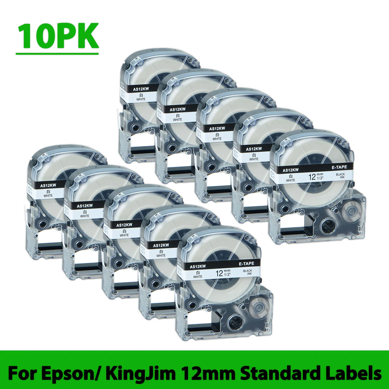 

5/10PK 12mm Tapes Compatible for Epson KingJim AS12KW LK-4WBN Black on White Standard Label Tape For Epson SR230C LW-300 Printer