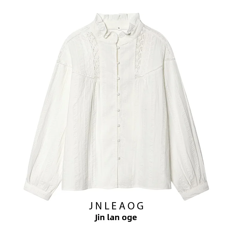 JNLEAOG Summer New Women's Comfortable Vintage Lace Trim Shirt Long Sleeve Loose Fit Decorative Polyester Fiber European Style