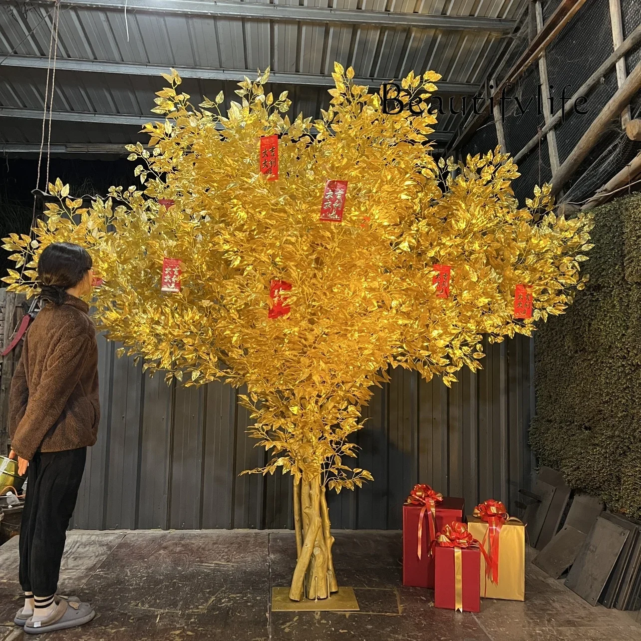 Simulation golden banyan cash tree wishing fortune tree red envelope new real trunk simulation trunk fashion