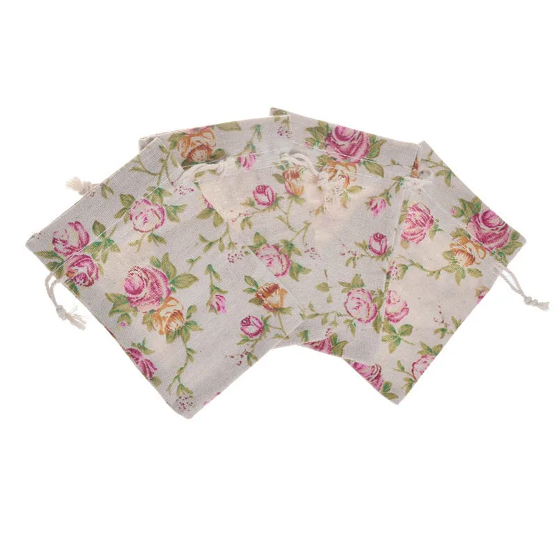 50Pcs/lot Rose Flower Printing Cotton Linen Drawstring Pouch Wedding Candy Gift Packaging Bags Valentine's Day Gift Wrapping Bag