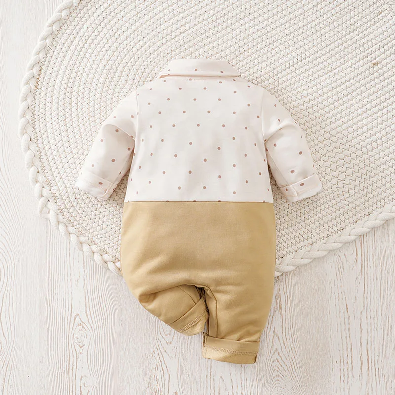 Newborn Boy CasualAndSimpleFull Print Wave Point Fake Two Fashionable Gentlemen's SpringAnd Autumn Long Sleeved Apricot Jumpsuit