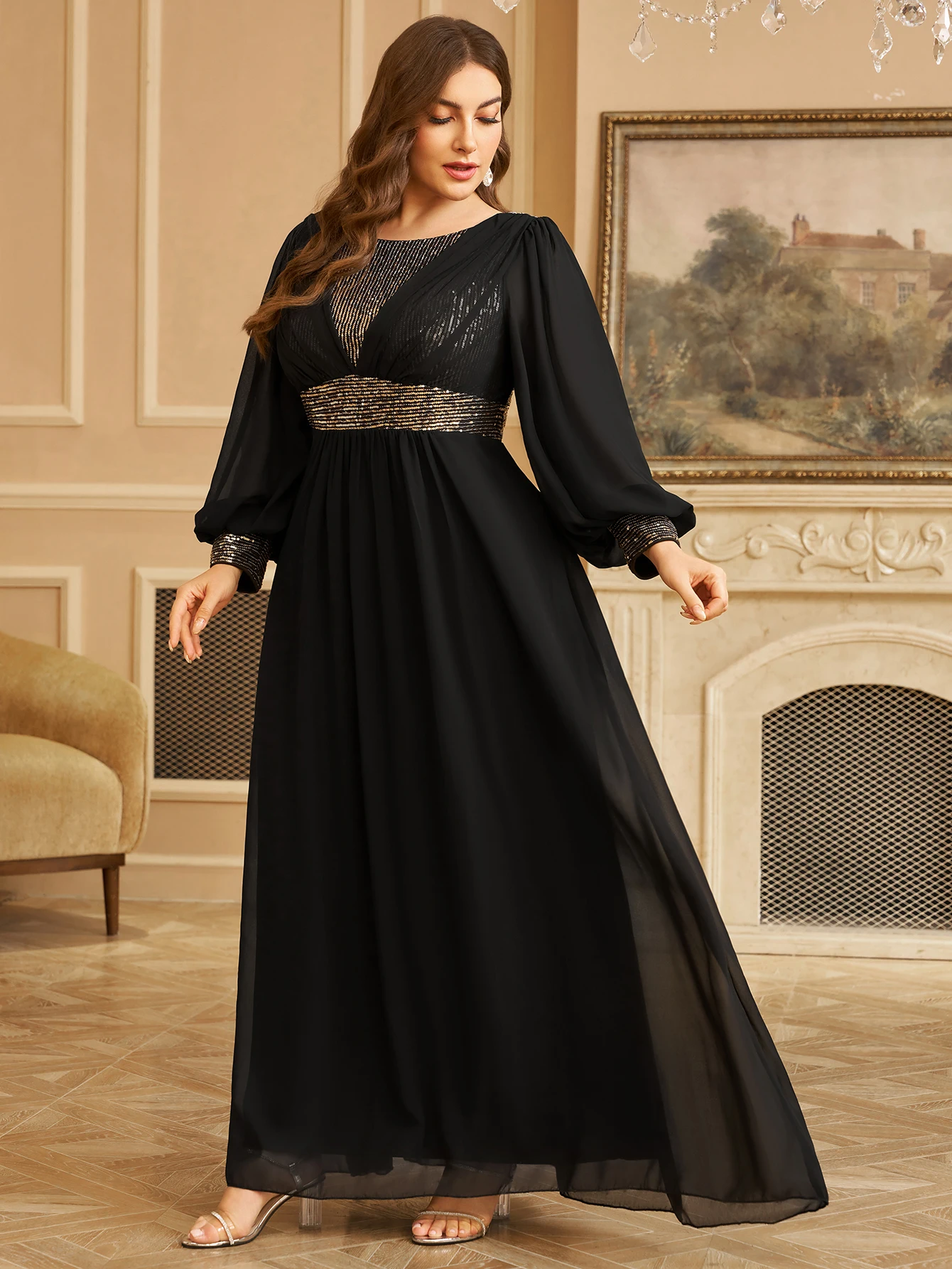 

UNITHORSE [случайный крой] Плюс размер с блестками и шифоном в стиле пэчворк с круглым вырезом и рукавами-фонариками Вечернее платье