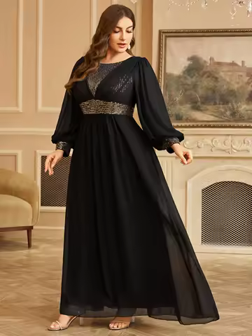 UNITHORSE [Random Cut] Plus Size Sequin &amp; Chiffon Patchwork Round Neck Lantern Sleeve Dress Formal Dress Evening