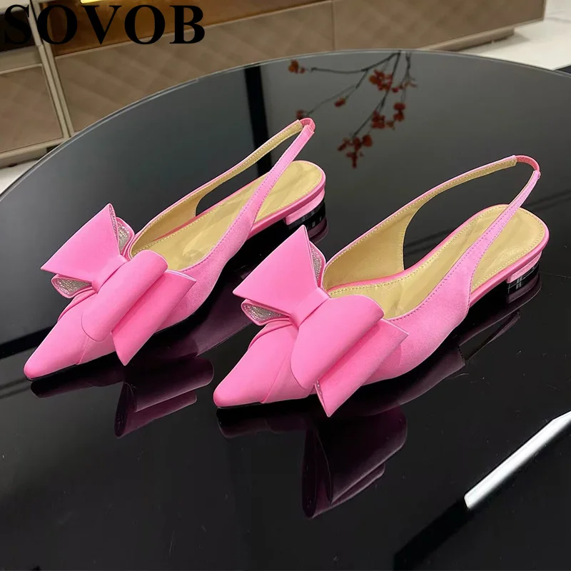 Spring Summer Pointed Toe Satin Bow Know Decoration Sandals Women Back Strap Low Heel Sandalias Banquet Dress Elegant Shoes