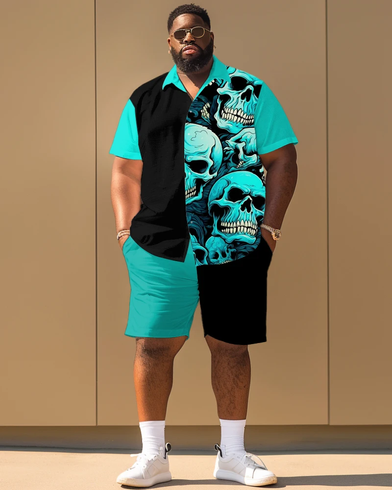 L-9XL Short Sleeve Shirt Shorts Set Plus Size Men's Summer Casual Skull Pattern Printed Holiday Style Two Piece Set ZOOY