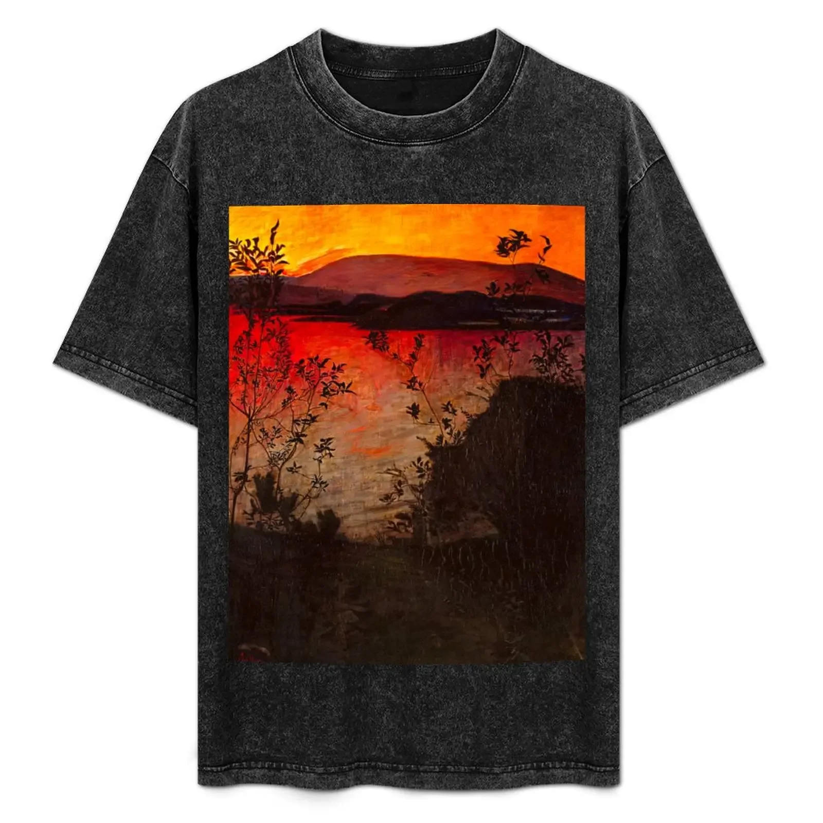 Evening Glow by Harald Sohlberg Washed pure cotton retro HD comfortable short sleeve top men's and women's T-shirt