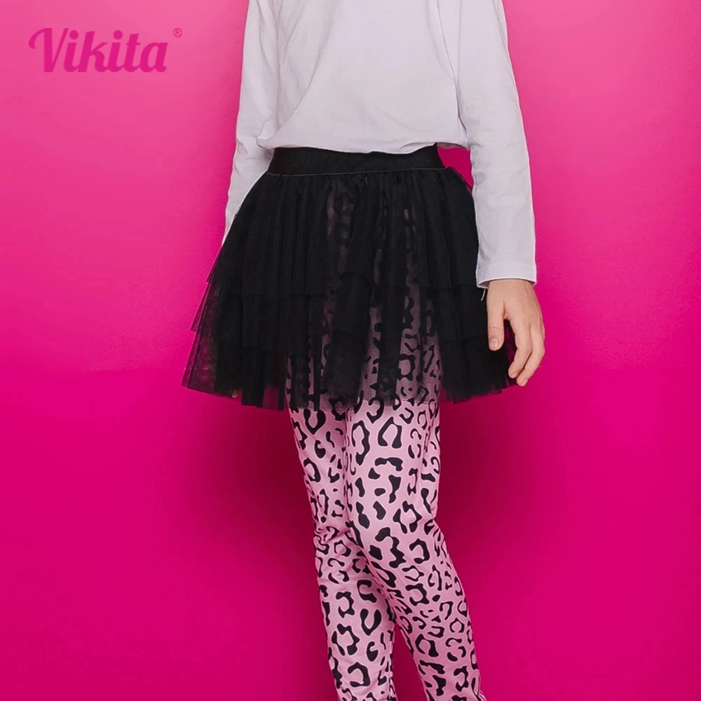 

VIKITA Girls Pantskirts Kids Leopard Print Leggings with Tulle Mesh Layered Tutu Skirts Girls Autumn Skinny Fake 2 Pcs Pants