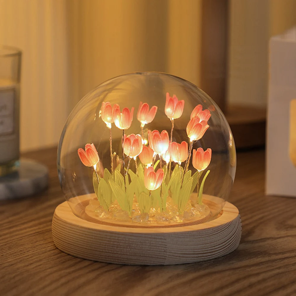 Luz LED nocturna de tulipán de simulación DIY, lámpara de mesa de flores con pilas, tulipanes, Material hecho a mano, luces de noche, decoración de dormitorio