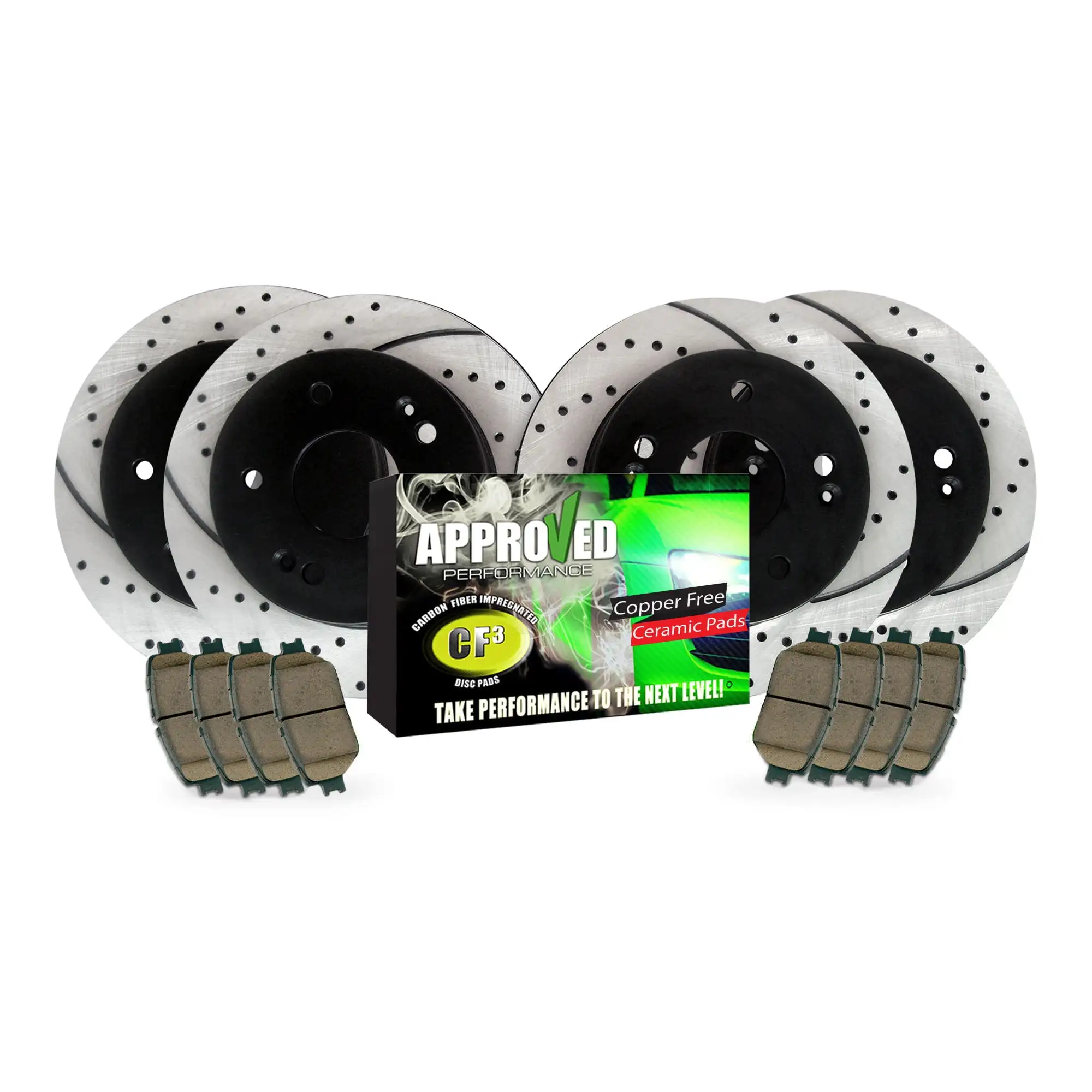 

J28256 Front and Rear Drilled and Slotted, Black Powder Coated Disc Brake Rotor & Pad Kit Fits, Nissan, Infiniti, G20, Sentra Fi