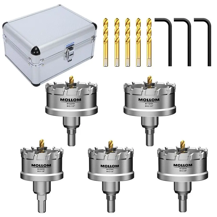 

5Pcs TCT Carbide Tipped Hole Saw Kit 5476mm Hard Metal Cutters with 5 Extra Pilot Drill Bits and 3 Hex Keys for Stainless Steel,