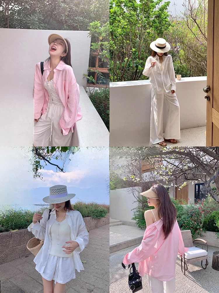 

Комплект из двух предметов: льняная футболка с ультраплотной строчкой и свободные брюки с длинными рукавами, защита от солнца, белый цвет, в стиле Old Money. Модный комплект.