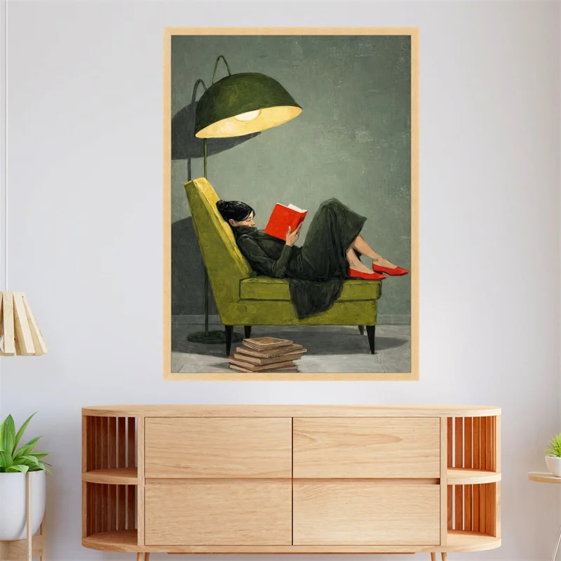 Vintage Woman Reading on Green Chair Canvas Poster Print Modern Aesthetic Art Picture Living Room Wall Art Home Decor Painting