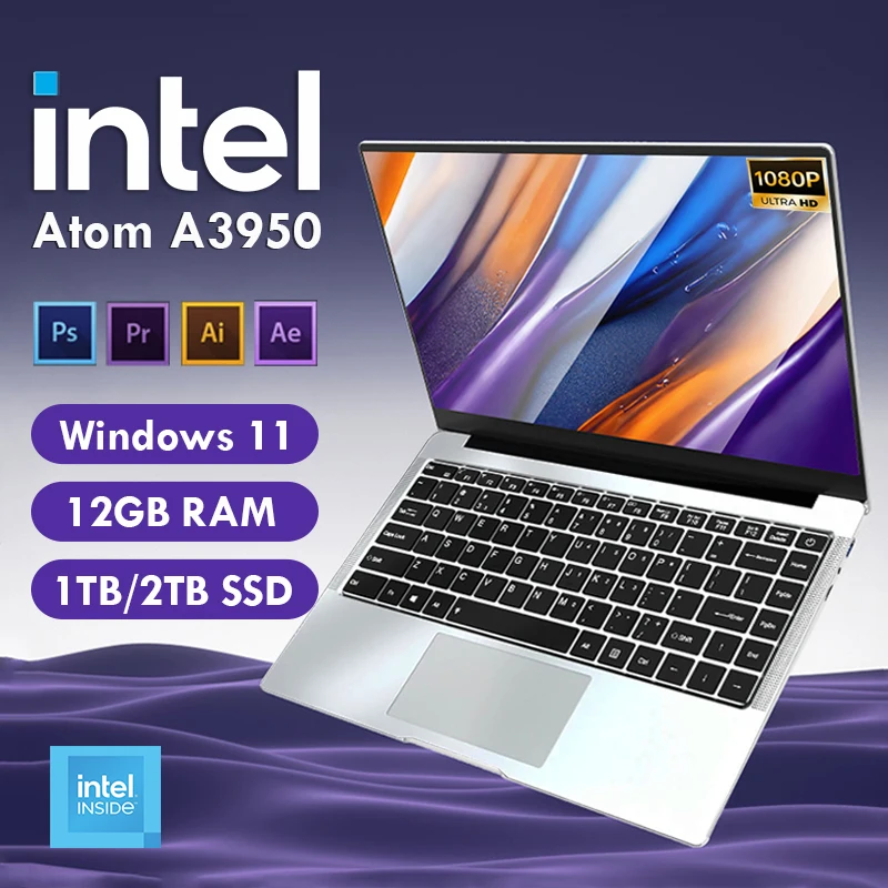 14.1인치 인텔 아톰 A3950 노트북 컴퓨터 윈도우 11 프로 2025 노트북 PC 12GB 램 512GB/1TB SSD 1920*1080 오피스 컴퓨터 PC