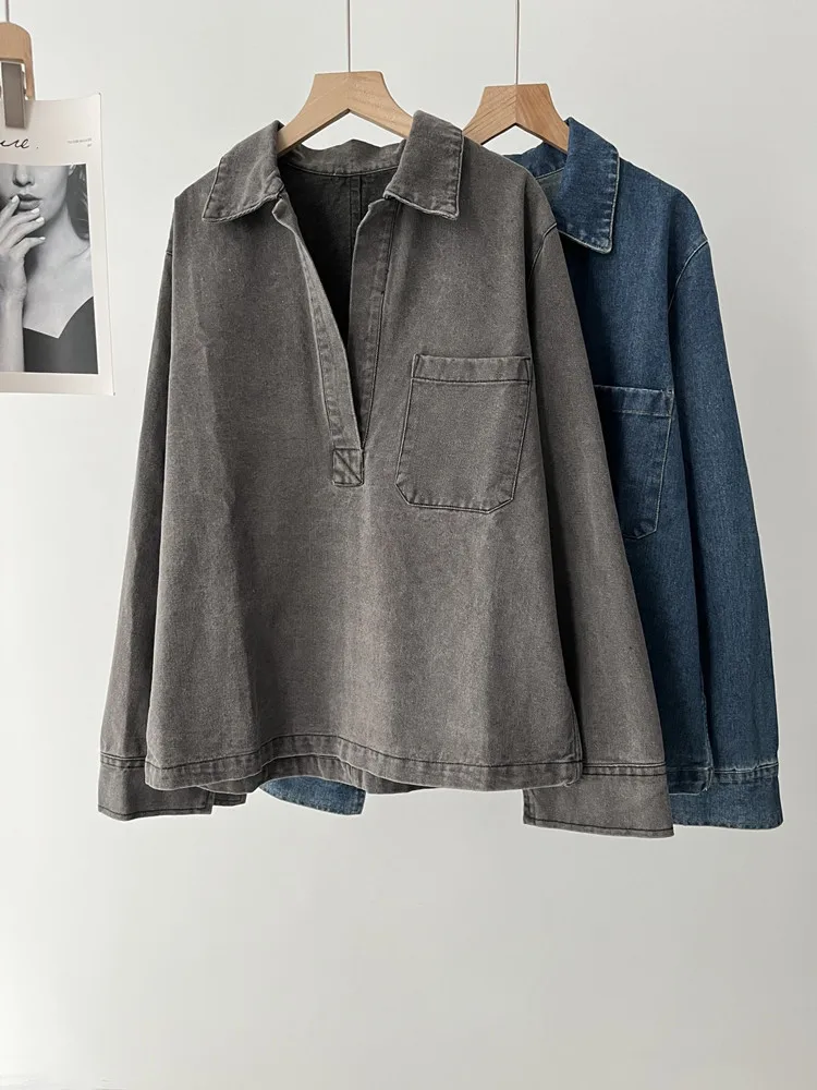 Autumn New 2024 Women Fashion Denim Blouse Patch Pocket 2 Colors Long Sleeve Turn-Down Collar Loose Female Shirt