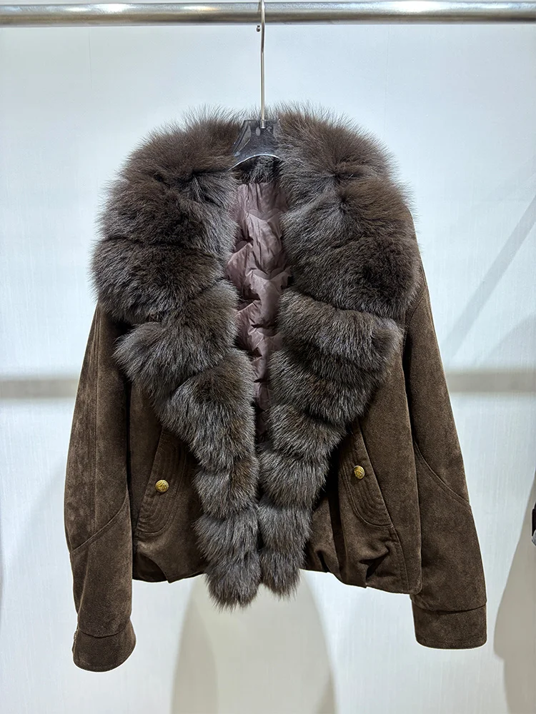 2026 Women Winter Real Goose Down Jacket Natural Fox Fur Collar Parka Jacket Faux Suede Luxury Female Coats Streetwear