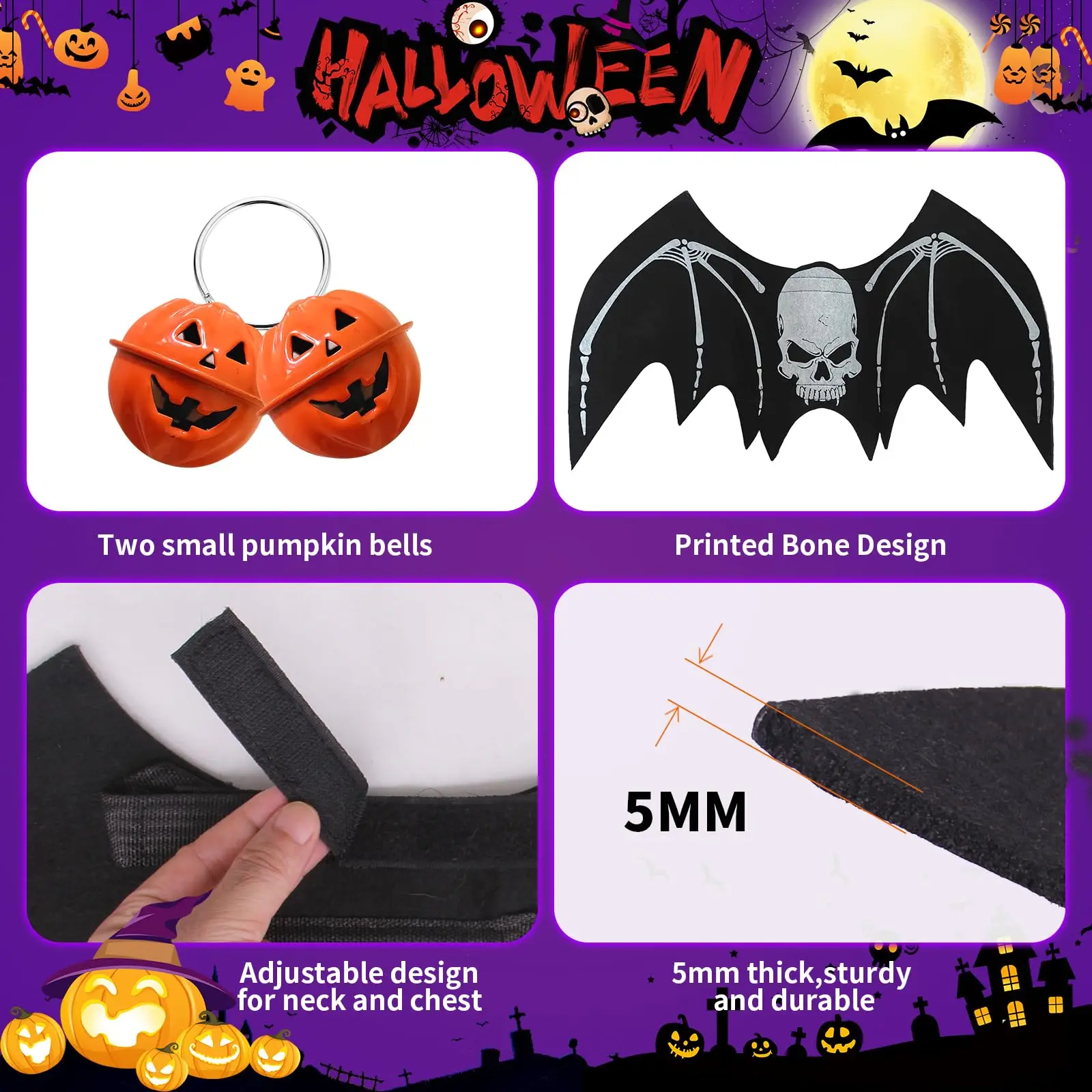 Halloween Dog bat Wing Costumes L，pet Costumes for Halloween Party Skeleton Print On The Back，Pumpkin Bell，Neck & Chest Adjustable nylon Straps，Lightweight Felt Comfort,for large dogs