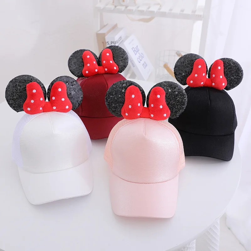 Disney Mickey Minnie Sun Hat Children\'s Baseball Hats Minnie Mouse Bow Big Ears Girls Baseball Cap Casual Sun Protection Hat