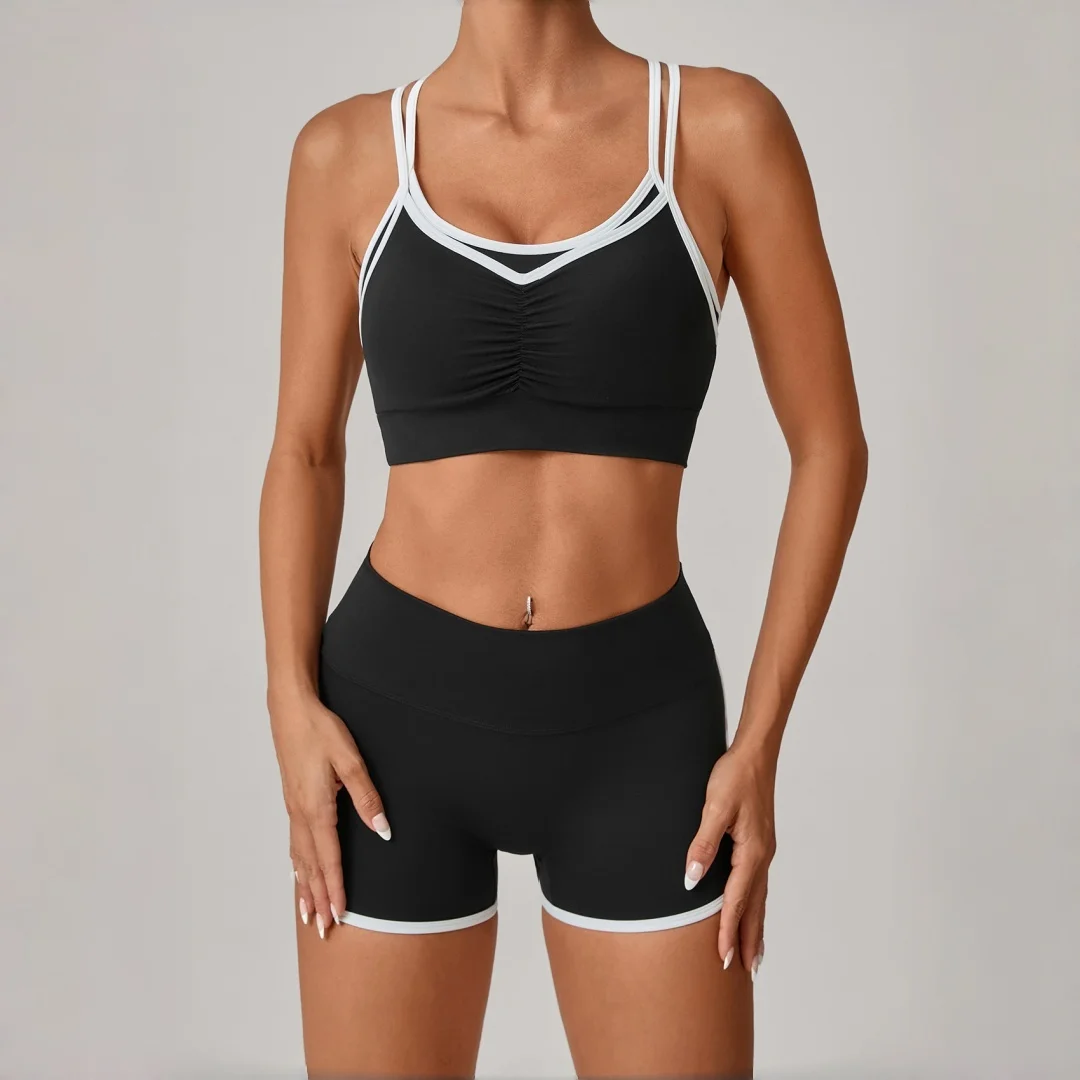 

High Waist Hip-Lifting Shorts Sports Bra Suit Tight Color-Block Backless Yoga Sets Fitness Running Workout Clothes Gym Tracksuit