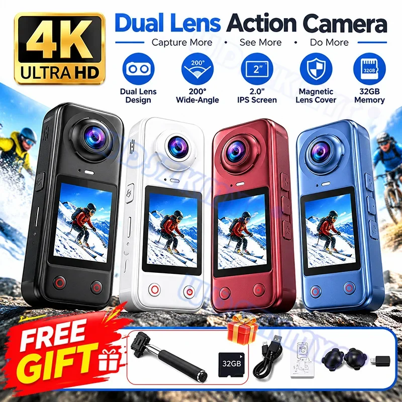 4K+4K Action Handheld Camera Ultra HD With 32GB Video Recording Mini Sports Camera 220° Wide Angle Front & Rear Dual Lens