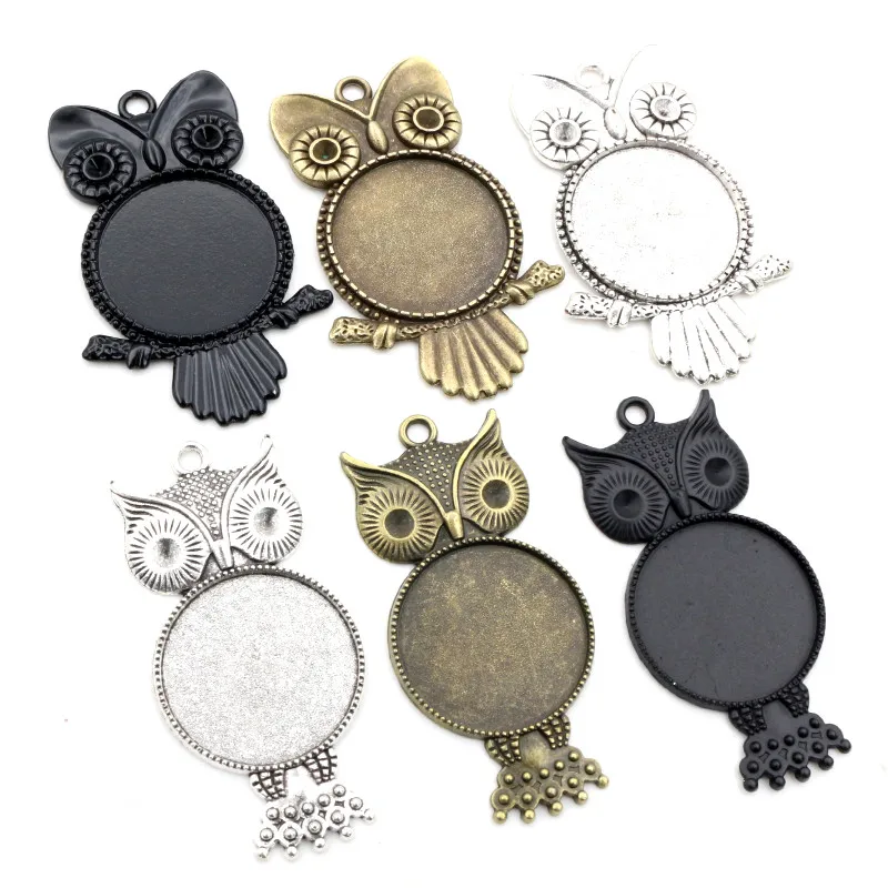 

New Fashion 5pcs 25mm Inner Size Antique Silver Plated Bronze Black Owl Style Cabochon Base Setting Charms Pendant
