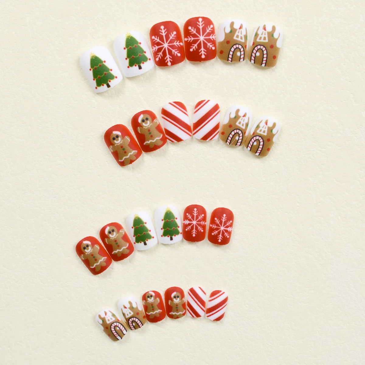 Press-On Nails Set - Christmas Collection with Frosted Cute Cartoon Gingerbread, Christmas Tree, Snowflake & Candy Cane Designs