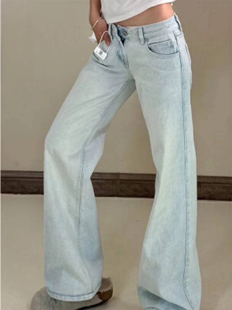 Y2K Jeans Women Light Blue Low Waist Wide Leg Pants Spring Autumn New 2026 Vintage Streetwear Loose Straight Trousers