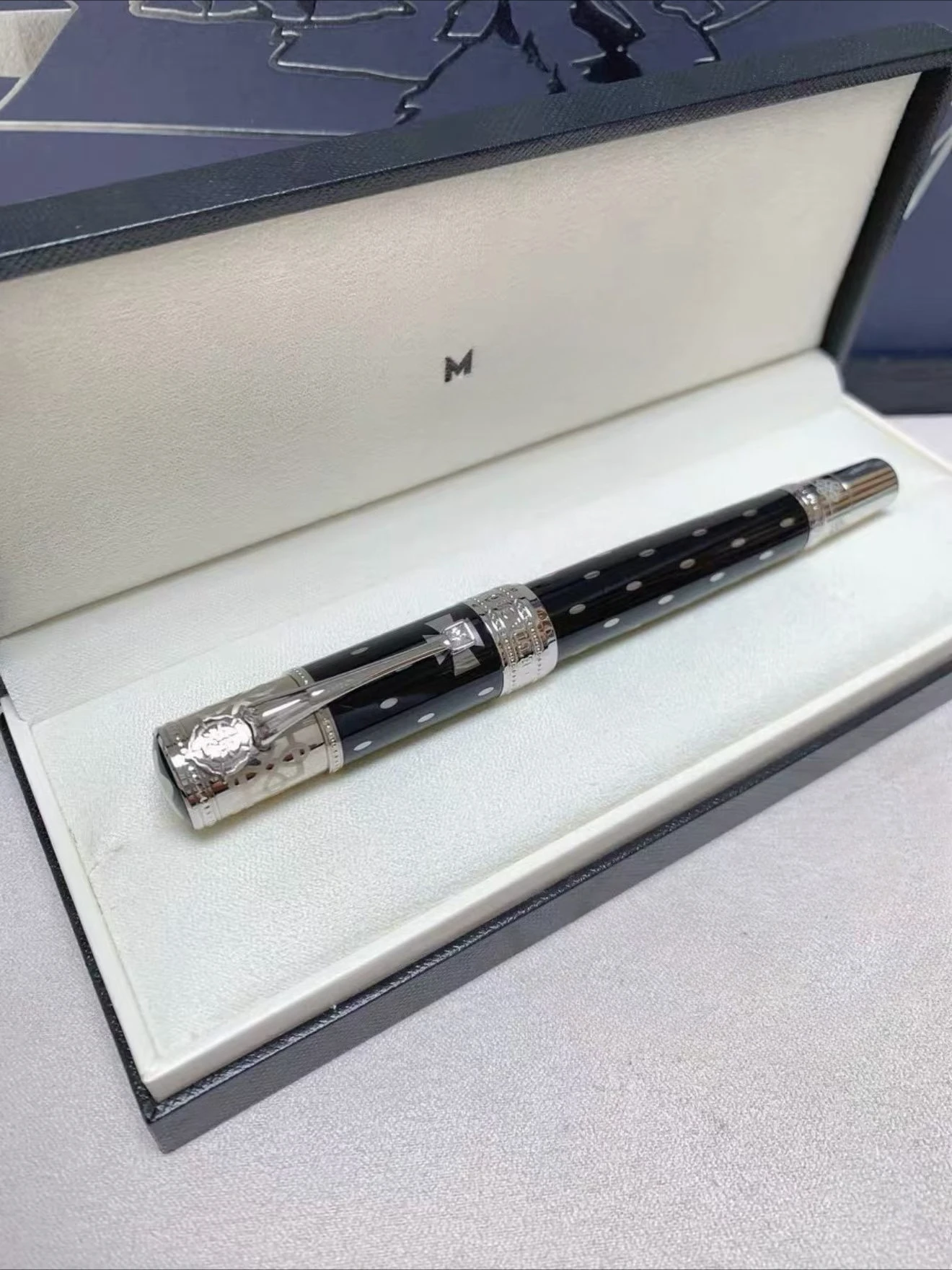 m-brand-black-silver-polka-dot-retro-business-fountain-pen-luxury-collection-office-gift-calligraphy-pen（no-pen-box-included）