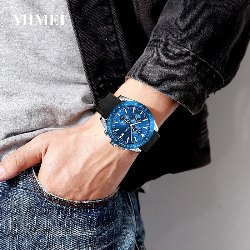 Fashionable Casual Men's Watch with Leather Strap, Six-Needle Sub-Dial, Calendar, Water-Resistant Quartz Wristwatch